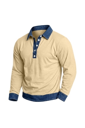 Polo Shirts for Men Long Sleeve Lapel Collar Button Pullover Color Block Denim Patchwork Casual Breathable Daily Wear Tops Beige XXL