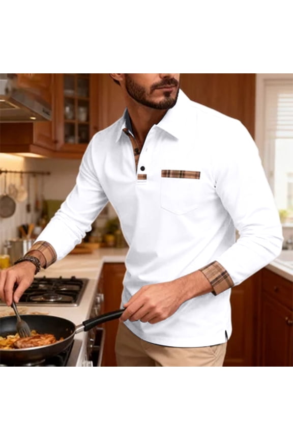 Polo Shirts for Men,Men's Casual Color Patchwork Plaid Pocket Lapel Long Sleeved Shirts,Fashion Comfortable Casual Tops for Daily Wear