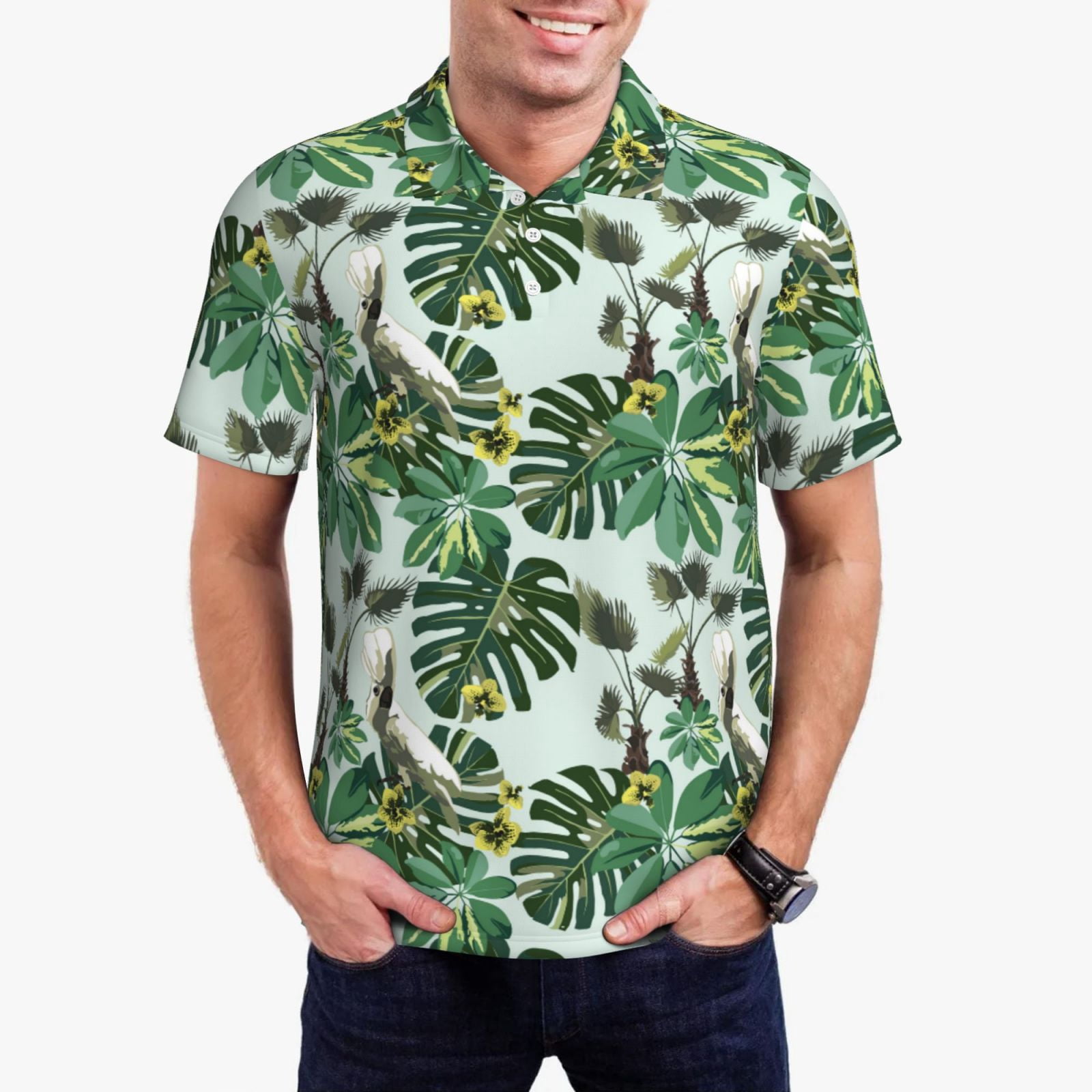 Polo Shirts for Men, Oil Painting White Parrot Leaves Cuteness Casual