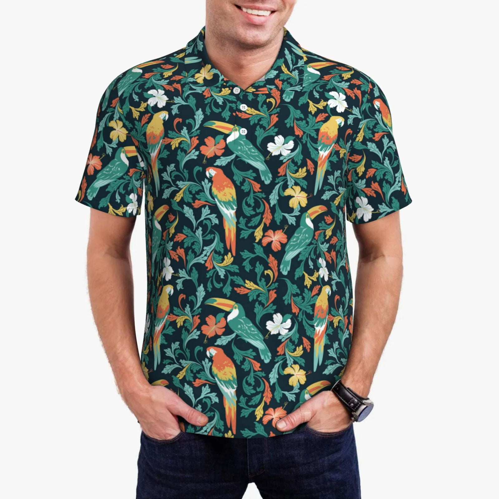 Polo Shirts for Men, Painted Parrot Toucan Plant Cuteness Casual Mens ...