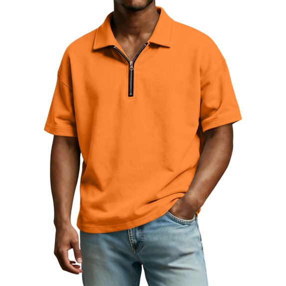 Polo Shirts for Men Quarter Zip Casual Shirts Short Sleeve Moisture Wicking Golf Polo Collared Shirts Saffron L