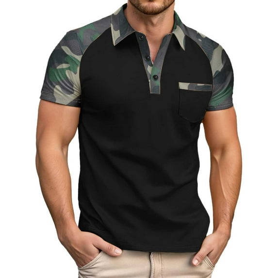 Men Polo Shirts Camo Short Sleeve Button Collared Tops with Pocket Casual Color Block Relaxation Shirts for Men