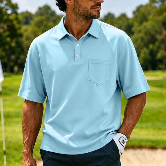 Polo Shirts for Men Short Sleeve Collared Golf Shirt with Pocket Moisture Wicking Quick Dry Performance Polos Light Blue XL