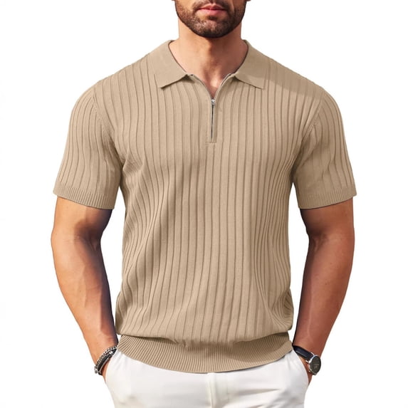 Polo Shirts for Men Short Sleeve Contrast Collared Shirts 1/4 Zip Up Casual Basic Lightweight Shirt Solid Color Pullover Shirts,Beige S