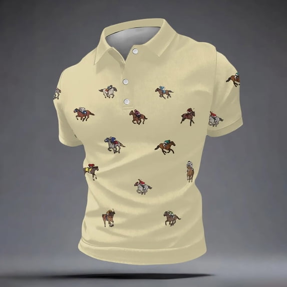 Polo Shirts for Men Short Sleeve Knit Horse Racing Printed Comfort Collared Top Casual Business Golf Shirts for Men Beige L