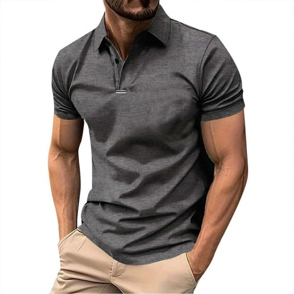 Polo Shirts for Men Slim Fit Solid Color Casual Tops Button Down Collar Ribbed Sports Short Sleeve Mens Polo Shirts Dark Gray XL