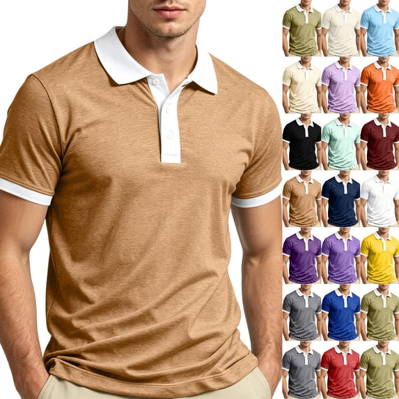 Polo Shirts for Men Solid Collared Short Sleeve Golf Shirts Classic 3 Buttons Shirts Brown L