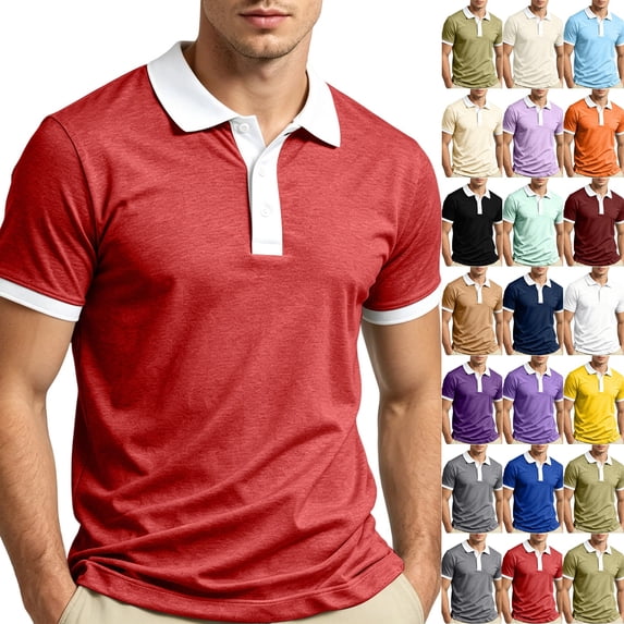 Polo Shirts for Men Solid Collared Short Sleeve Golf Shirts Classic 3 Buttons Shirts Red XL
