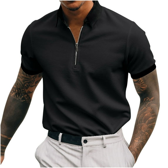 Polo Shirts for Men Splicing/Solid Color Quarter Zipper Short Sleeve Tennis Shirt Moisture-Wicking Comfortable Slim Fitted Pull-On Tee Tops