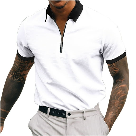 Polo Shirts for Men Splicing/Solid Color Quarter Zipper Short Sleeve Tennis Shirt Moisture-Wicking Comfortable Slim Fitted Pull-On Tee Tops