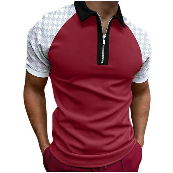 Polo Shirts for Men Splicing/Solid Color Quarter Zipper Short Sleeve Tennis Shirt Moisture-Wicking Comfortable Slim Fitted Pull-On Tee Tops