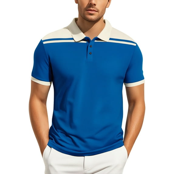 Polo Shirts for Men Summer Colour Block Sports Casual Short Sleeve Top Slim Fit Stretch Button Collared Golf Shirts for Men