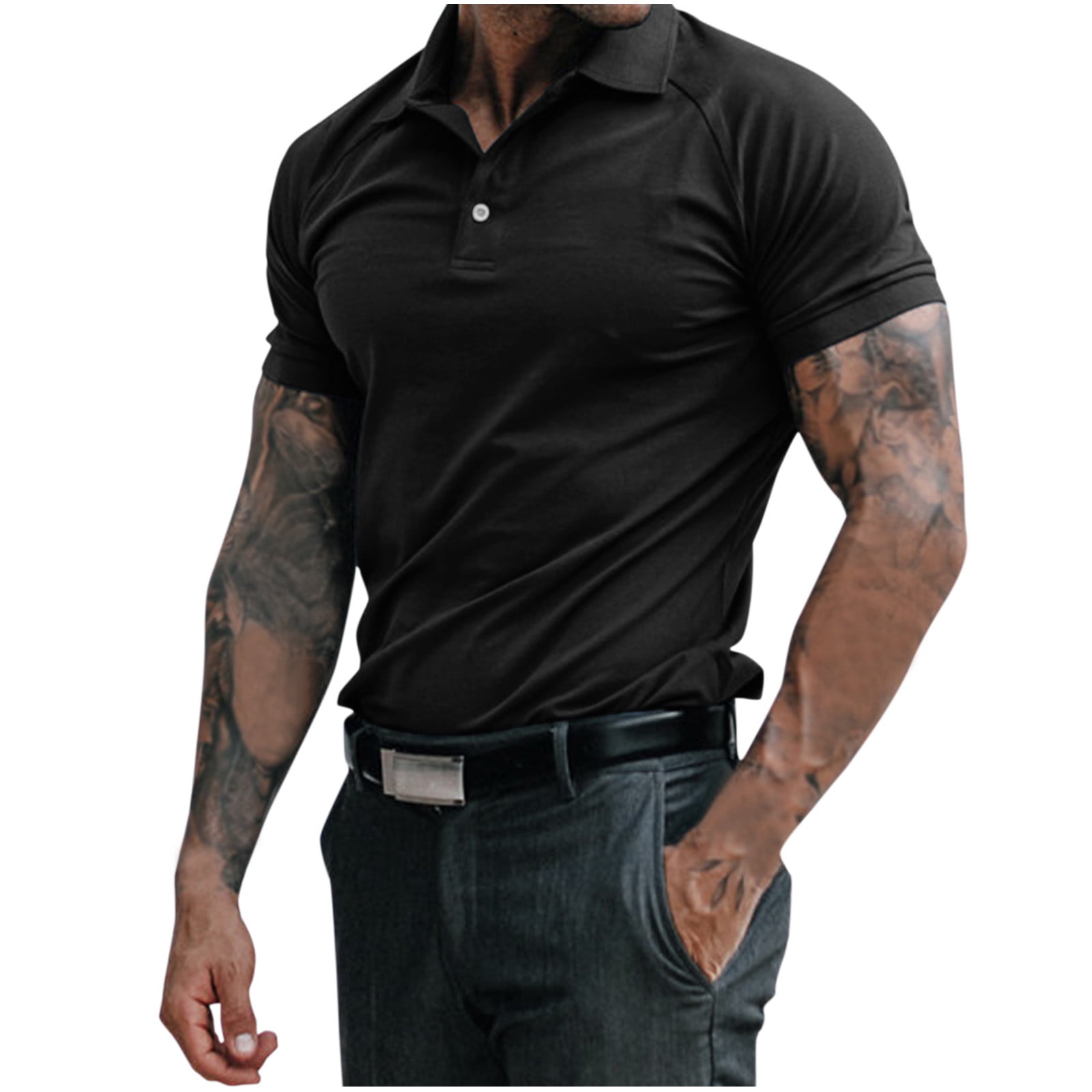 Polo Shirts for Men Summer Solid Print Turn Down Raglan Sleeve Slim Fit ...
