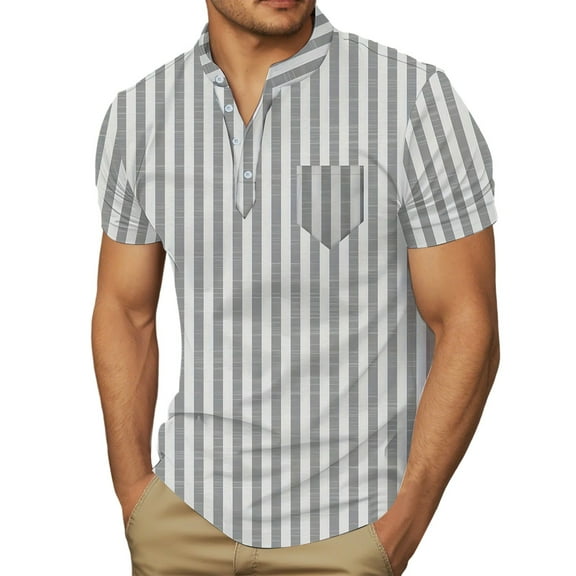 Polo Shirts for Men Summer Thin Slim Fit Striped V Neck Beach Tops with Pocket Short Sleeve Stretchy Casual Lounge Mens Shirts Light Gray XXXL