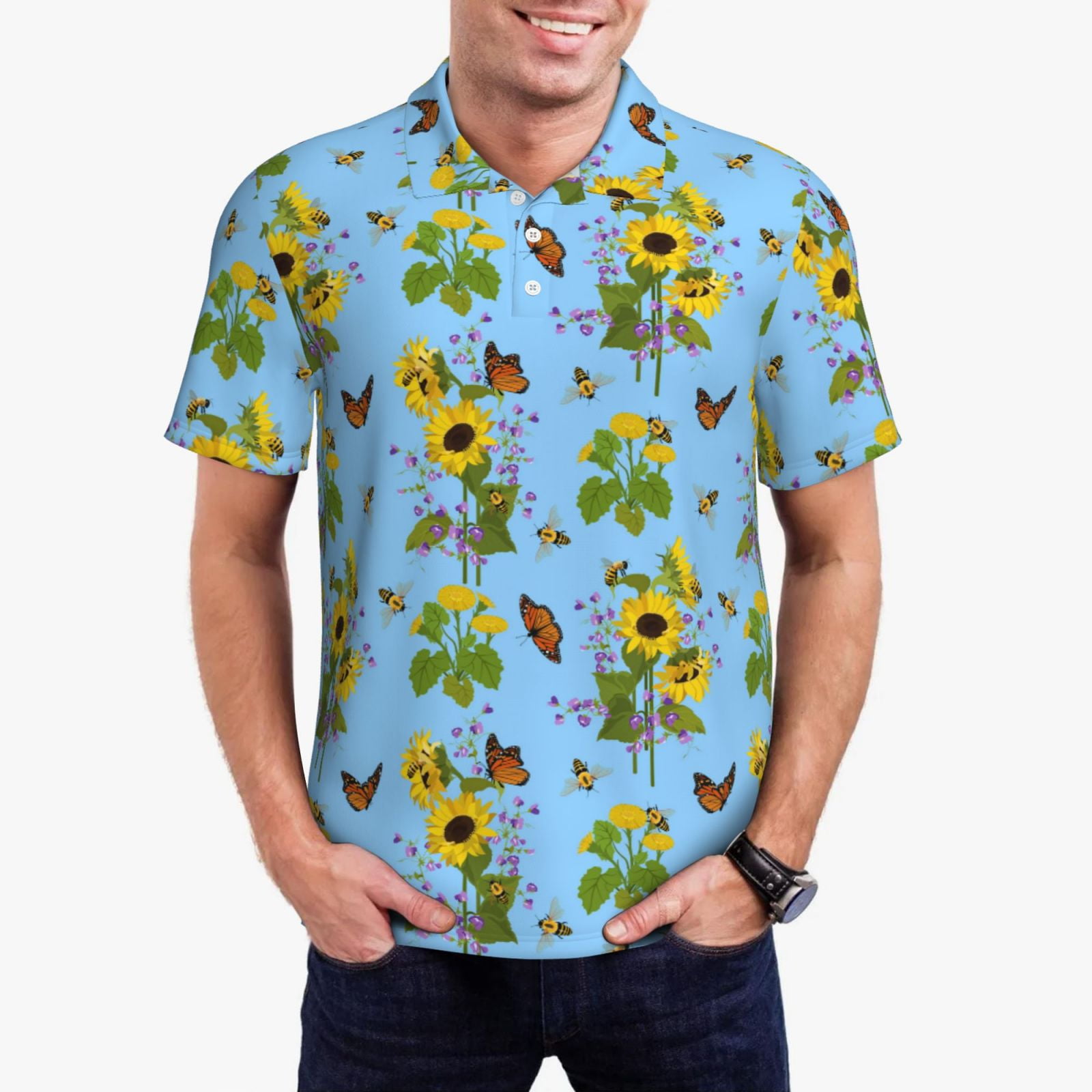 Organic Sunflower Bee Printed Short Sleeve Shirt