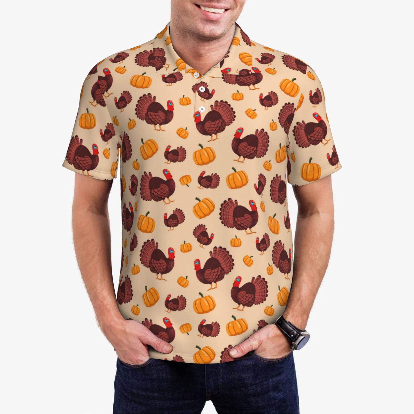 Polo Shirts for Men - Thanksgiving Turkey and Pumpkin Mens Polo Shirts ...