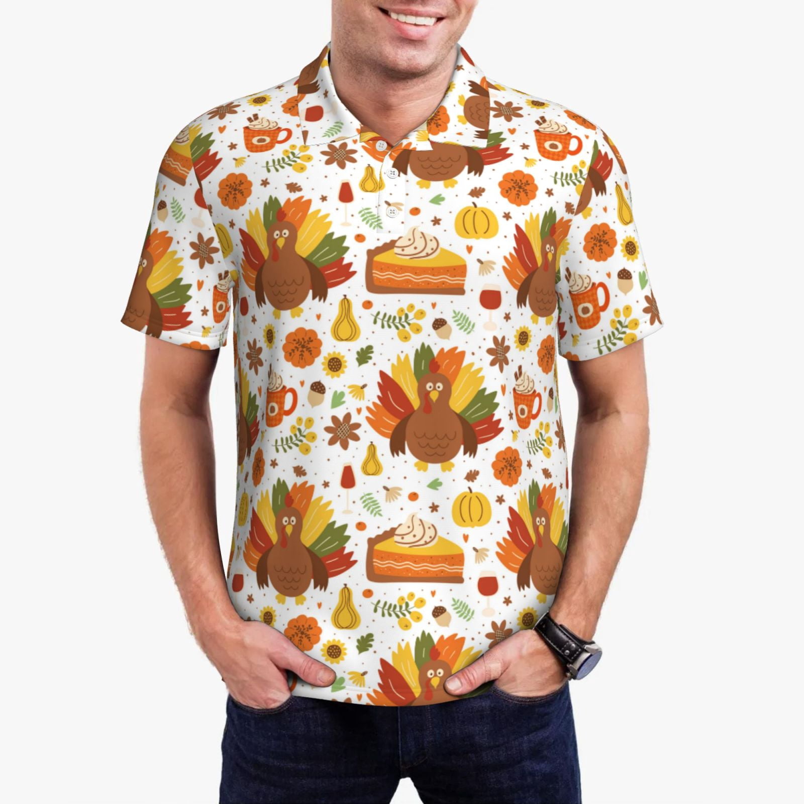Polo Shirts for Men, Thanksgiving With Turkey Cuteness Casual Mens Polo ...