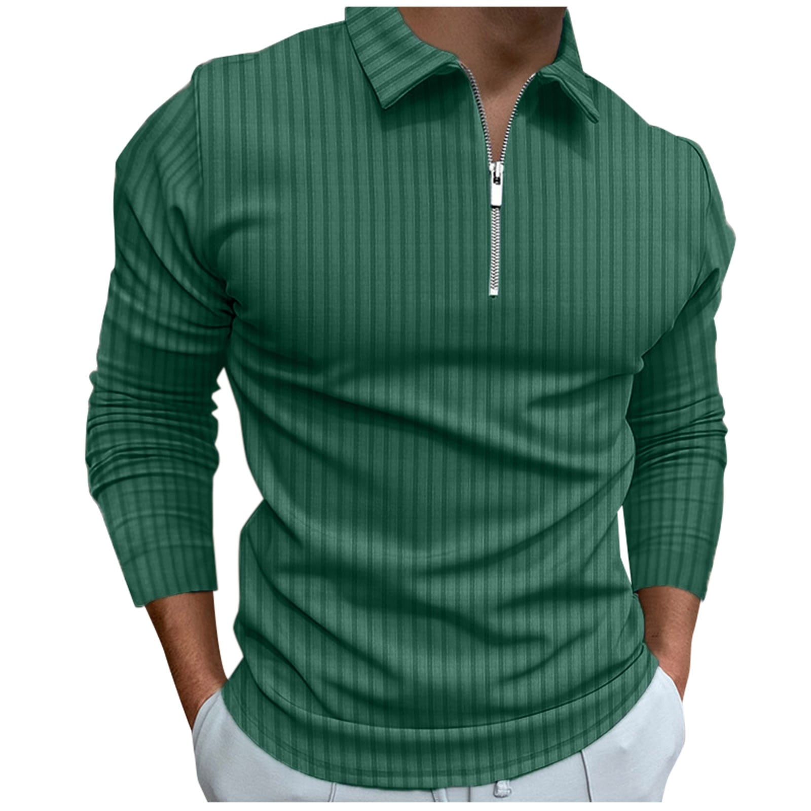 Polo Shirts for Men Turn-Down Collar Zip Up Long Sleeve Slim Fit Summer ...