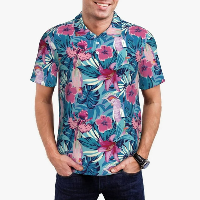 Polo Shirts for Men Vintage Cockatoo Parrot Flower Classic Mens Polo