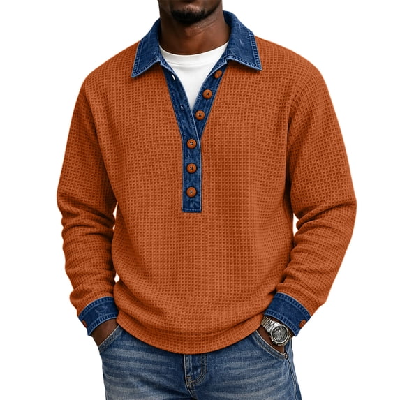 Polo Shirts for Men Waffle Knit Button Up Denim Collar Collared Top Fall Long Sleeve Patchwork Shirts XL