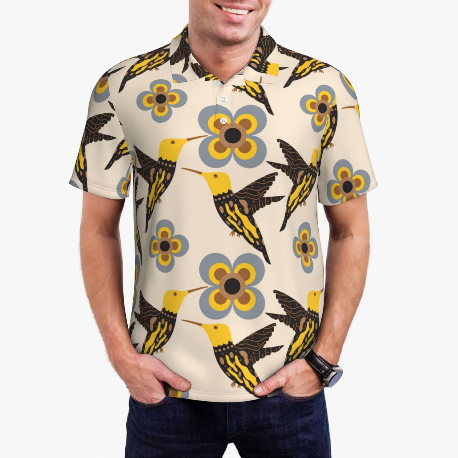 Men’s Yellow Cartoon Ducks Hawaiian Shirt – Retro Button Up, Funny Party Shirt, Polyester, Loose Fit - View #13