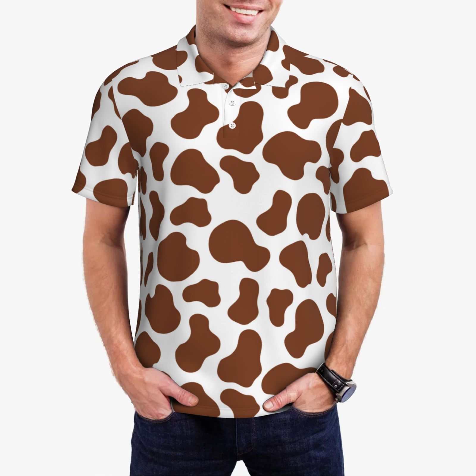 Polo Cow Pattern Polo Shirts for Men - brown cow print cute Soft Comfort Breathable ...