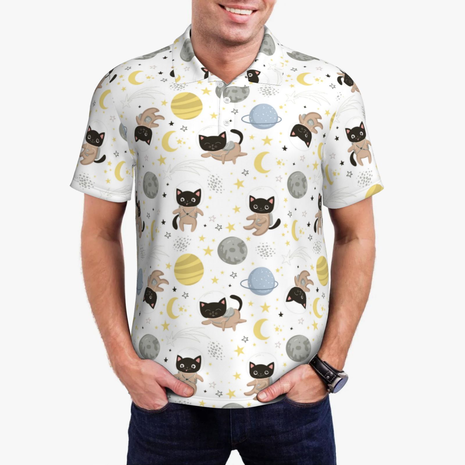 Colorblock Couple Kitty Cat Print Casual Polo T-Shirt