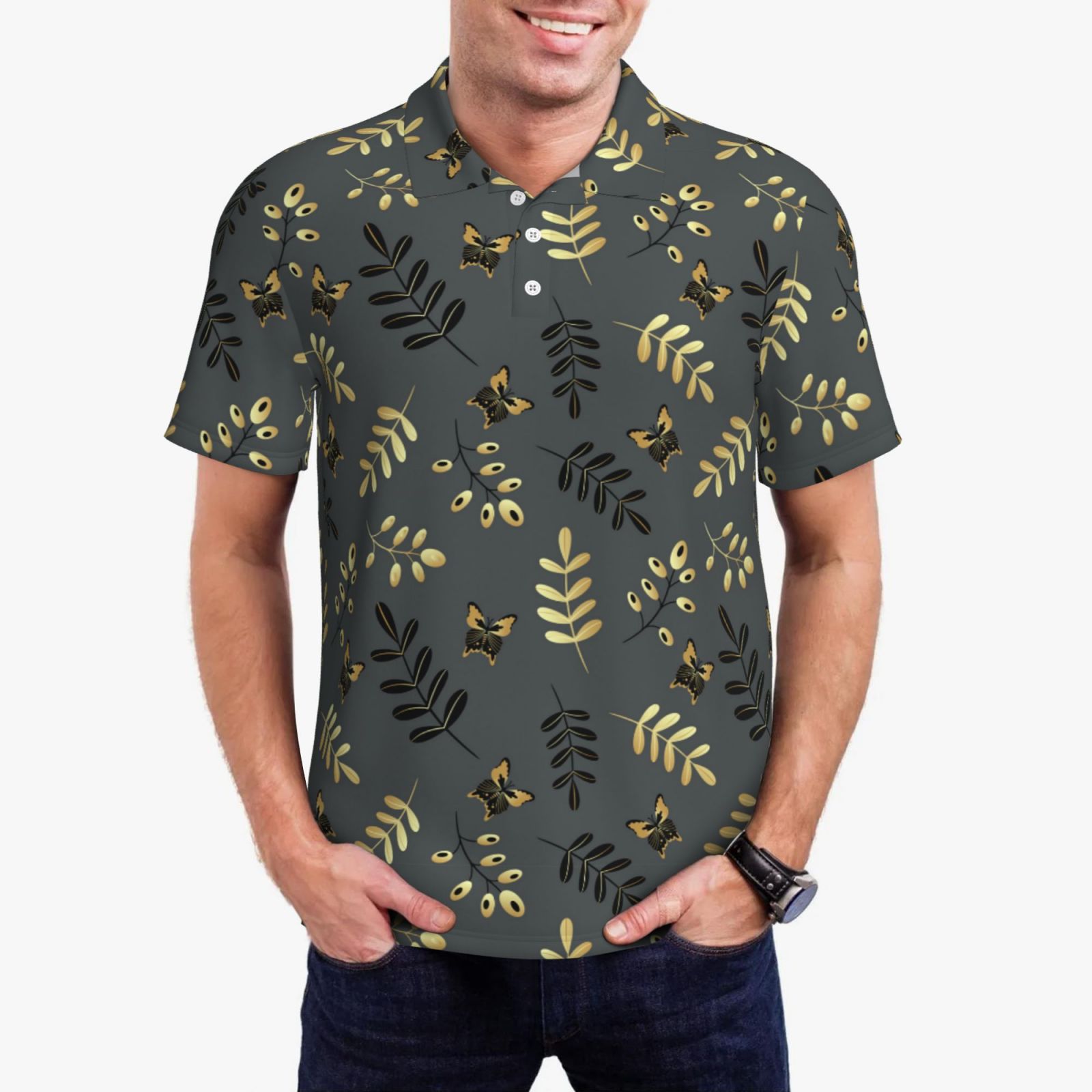 Black Pink Butterfly Print Men's Golf Shirts