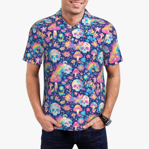 Polo Shirts for Men, mushroom Skull rainbow color Cuteness Casual Mens Polo Shirts Short Sleeve Button Down Classic Mens Golf Polo Shirts