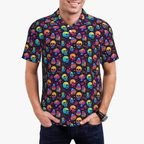 Polo Shirts for Men, mushroom color Skull Cuteness Casual Mens Polo Shirts Short Sleeve Button Down Classic Mens Golf Polo Shirts