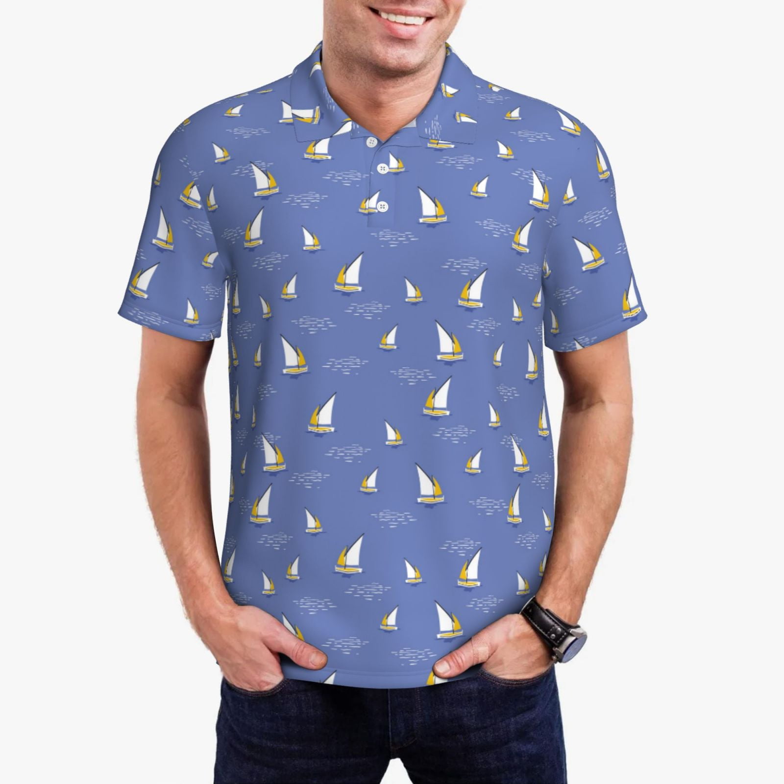 Men's Seaside Casual Blue Printed Polo Suit main image 0