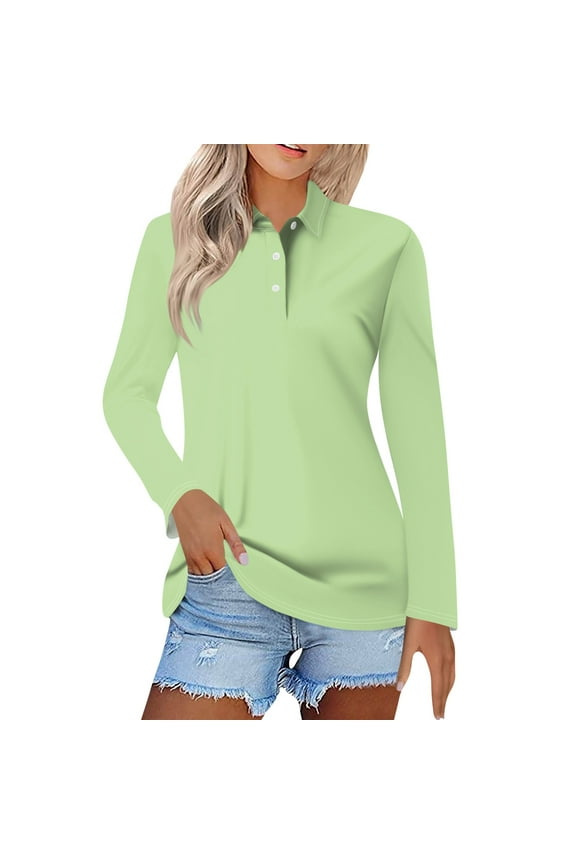 Polo Shirts for Women 2025 Fall Long Sleeve Lapel Collar Button Down, Business Casual Golf Tops Plus Size Blouses Light Green XL