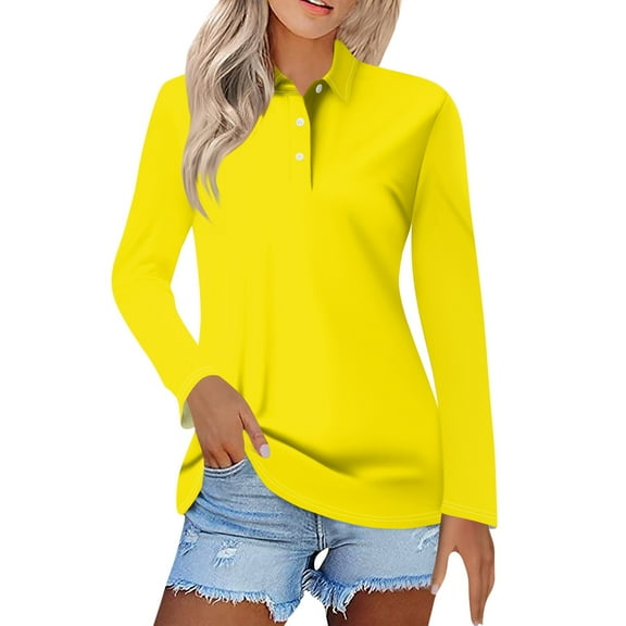Polo Shirts for Women 2025 Fall Long Sleeve Lapel Collar Button Down, Business Casual Golf Tops Plus Size Blouses Yellow 2XL