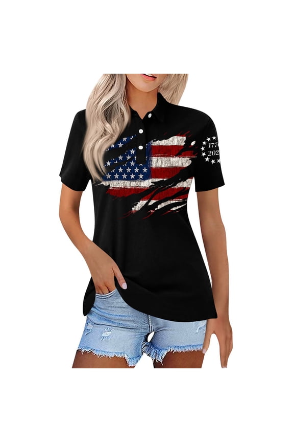 Polo Shirts for Women 2025 Summer Tops Basic Short Sleeve Collared Patriotic Tshirts Ladies Button Down Blouses