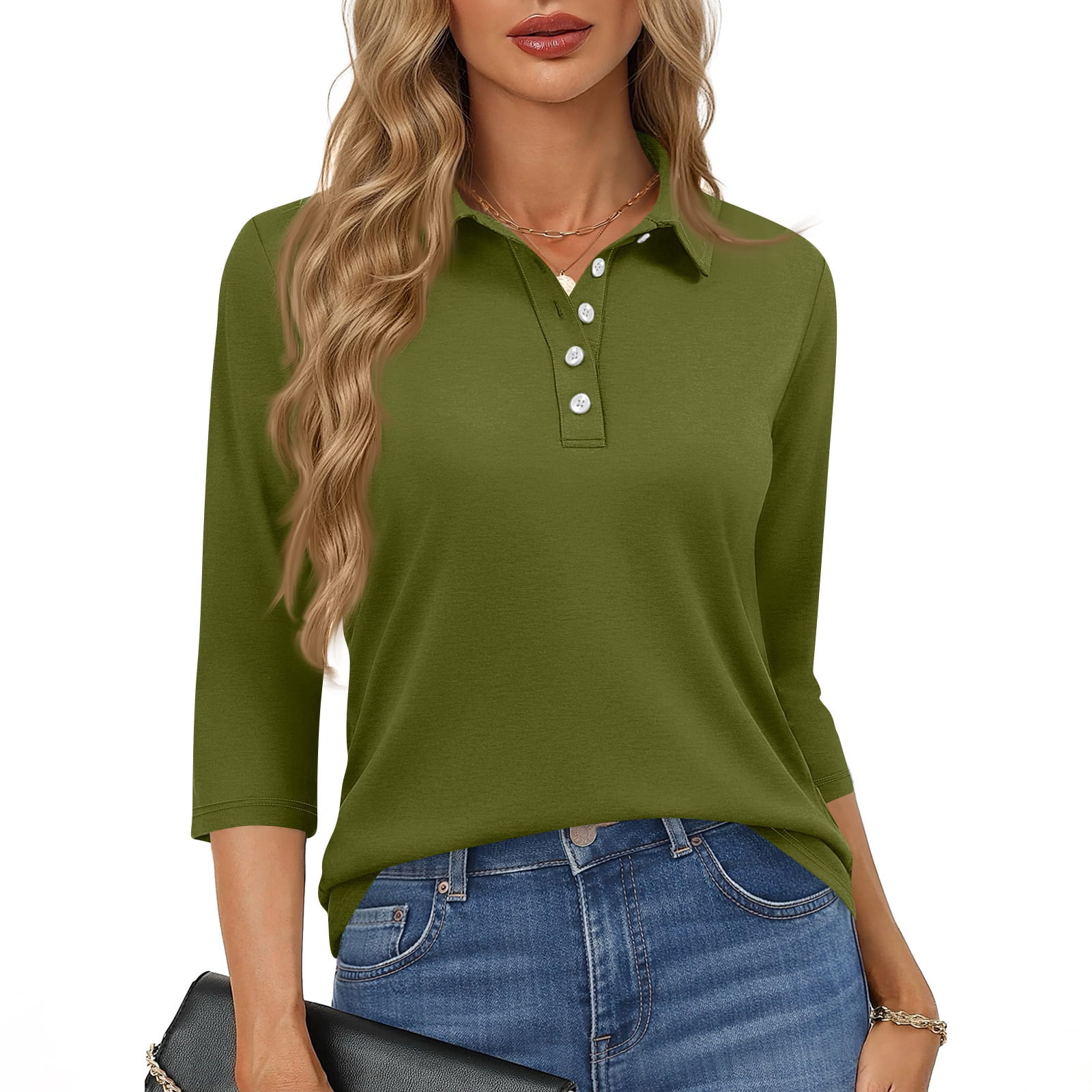 Polo Shirts for Women 3/4 Length Sleeve Buttons Collared Golf Tee ...