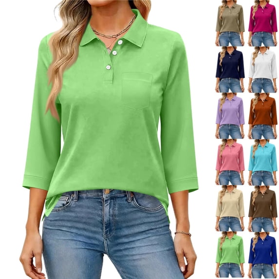 Polo Shirts for Women 3/4 Length Sleeve Golf Shirts 3-Button Quick Dry Workout Tops Collared for Work Running Tennis,Green M