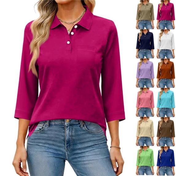 Polo Shirts for Women 3/4 Length Sleeve Golf Shirts 3-Button Quick Dry Workout Tops Collared for Work Running Tennis,Hot Pink XL