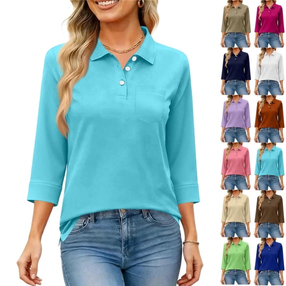 Polo Shirts for Women 3/4 Length Sleeve Golf Shirts 3-Button Quick Dry Workout Tops Collared for Work Running Tennis,Sky Blue XXL
