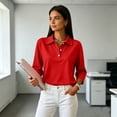 thumbnail image 1 of Polo Shirts for Women 3/4 Sleeve Dressy Button Down Collared Lightweight Daily Work Shirts Red L, 1 of 9