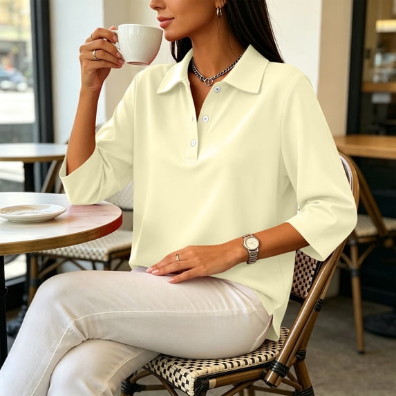 Polo Shirts for Women 3/4 Sleeve Dressy Button Front Collared Loose Fit Golf Daily Shirts Beige S