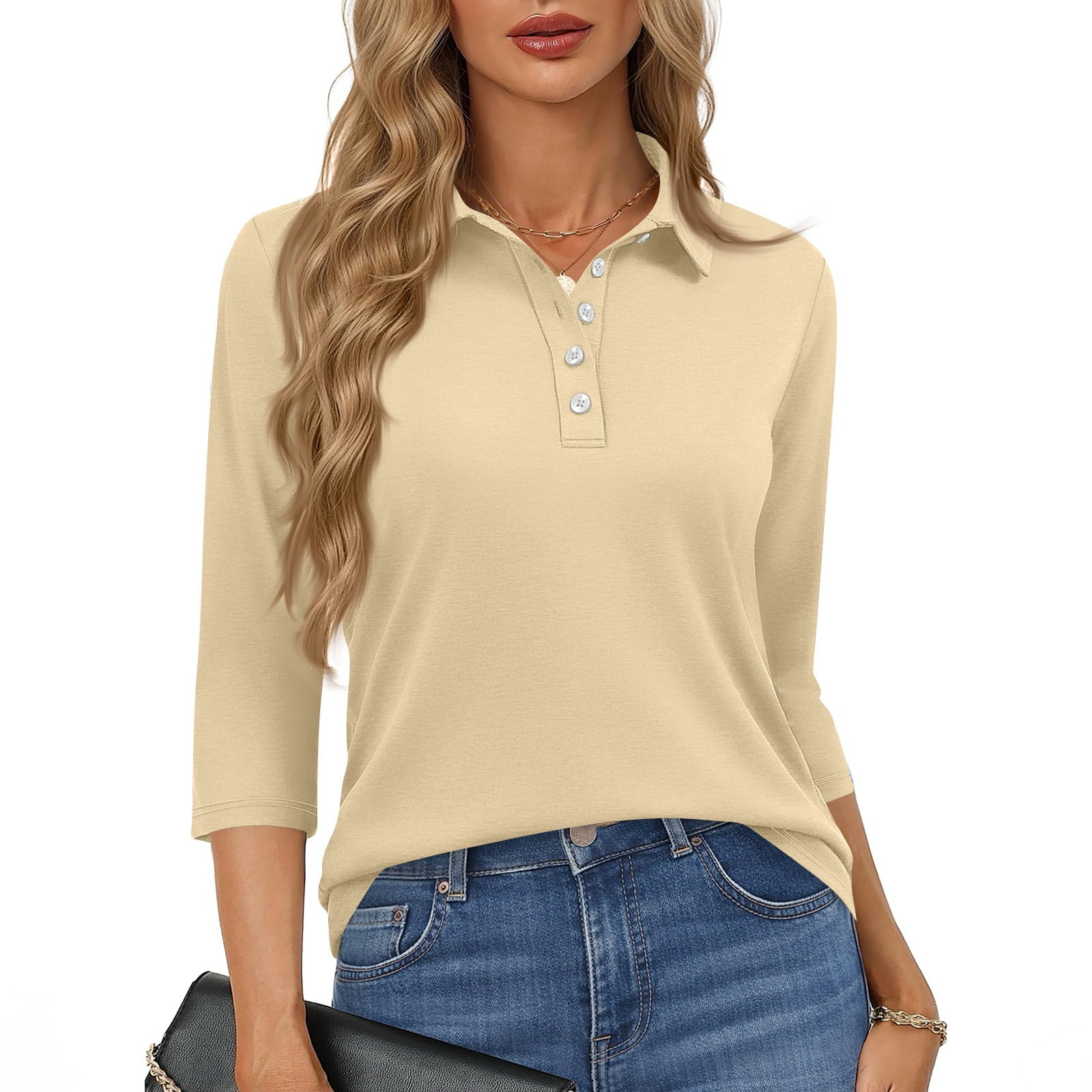 Polo Shirts for Women 3/4 Sleeve Golf Tops Button Collared Business ...