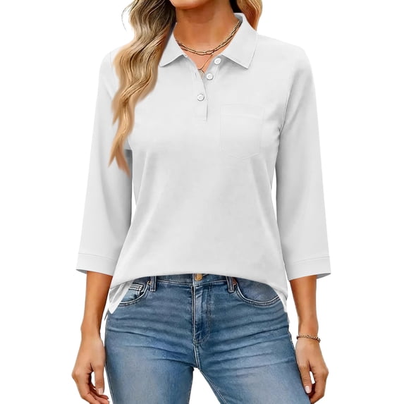 Polo Shirts for Women 3/4 Sleeve Tops Golf Tees 3-Button Collared Cotton Shirt Business Casual White 2XL