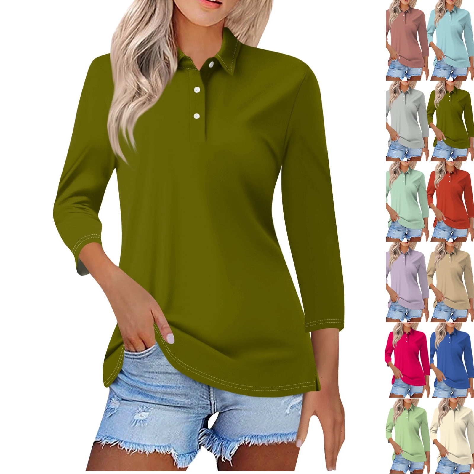 Polo Shirts for Women 3/4 Sleeve Tops Summer Golf Tees 3-Button ...
