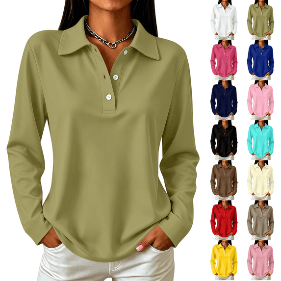 Polo Shirts for Women Casual Golf Collared Long Sleeve Fall Tops Y2k Holiday Walking Going Out Top Army Green XL