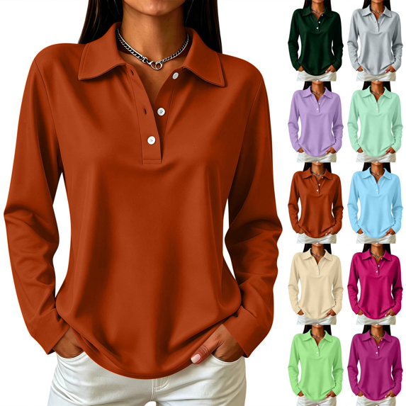 Polo Shirts for Women Casual Golf Collared Long Sleeve Fall Tops Y2k Holiday Walking Going Out Top Ginger M