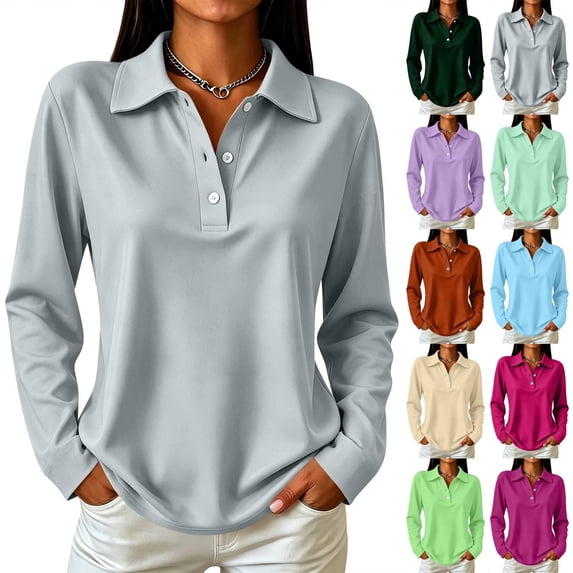 Polo Shirts for Women Casual Golf Collared Long Sleeve Fall Tops Y2k Holiday Walking Going Out Top Gray M