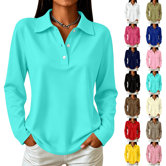 Polo Shirts for Women Casual Golf Collared Long Sleeve Fall Tops Y2k Holiday Walking Going Out Top Turquoise L