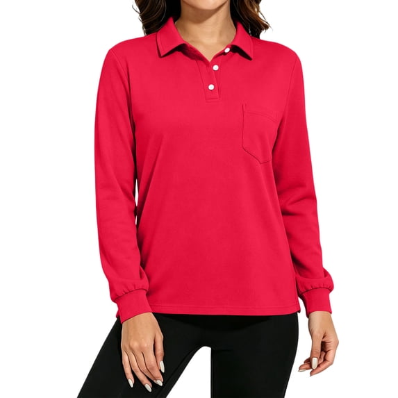 Polo Shirts for Women Cotton Button Collared Golf Long Sleeve Tops With Pocket Front, M