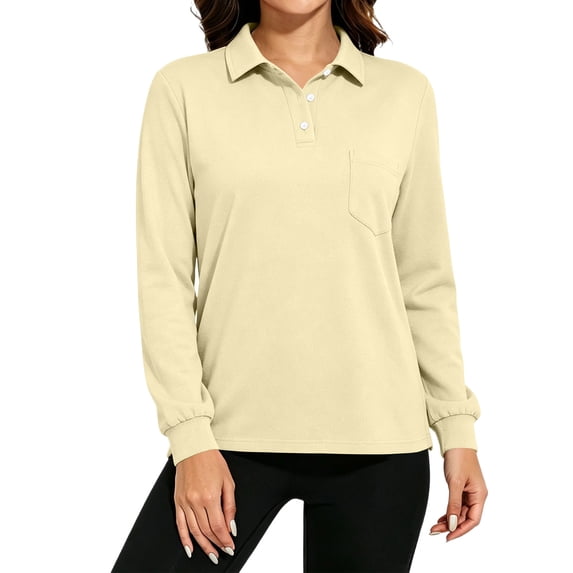 Polo Shirts for Women Cotton Button Collared Golf Long Sleeve Tops With Pocket Front, M