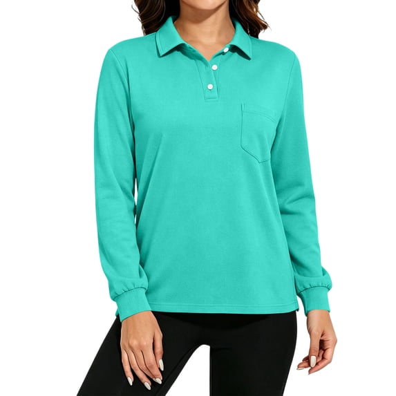 Polo Shirts for Women Cotton Button Collared Golf Long Sleeve Tops With Pocket Front, S
